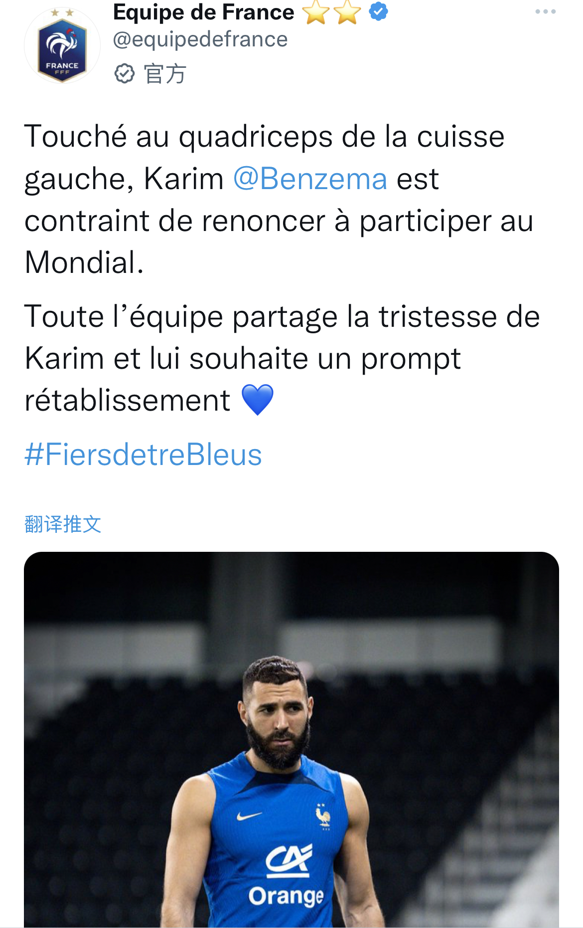 法国前锋本泽马因伤退出卡塔尔世界杯